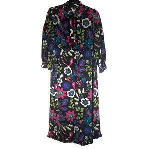 Tyler Boe Maggie Silk Floral dress, in a black multi-color print, tie@neck, M/L